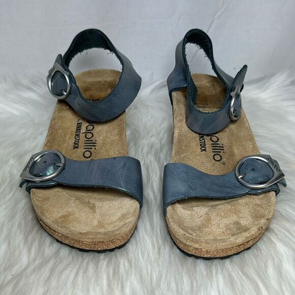 Papilio By Birkenstock Solely Metallic Blue Grey Nubuck Wedge Sandals Sz 36/US 5 - Picture 3 of 7